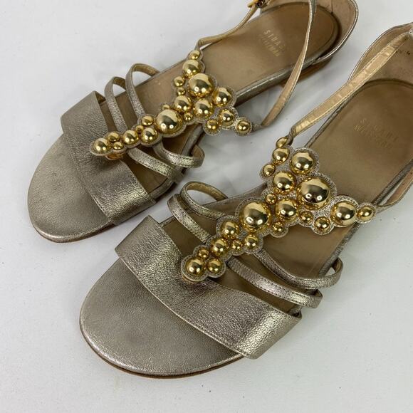 Stuart Weitzman Gold T Strap Beaded Sandals - Picture 2 of 7
